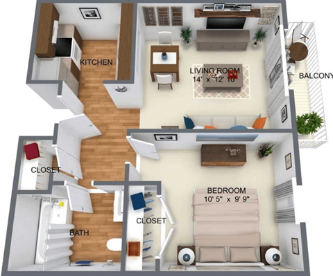 Floor plan for 1 bed, 1 bath, 638 sqft